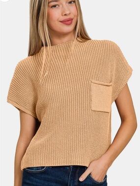 Zenana Casual Knit Pocket Top in Camel